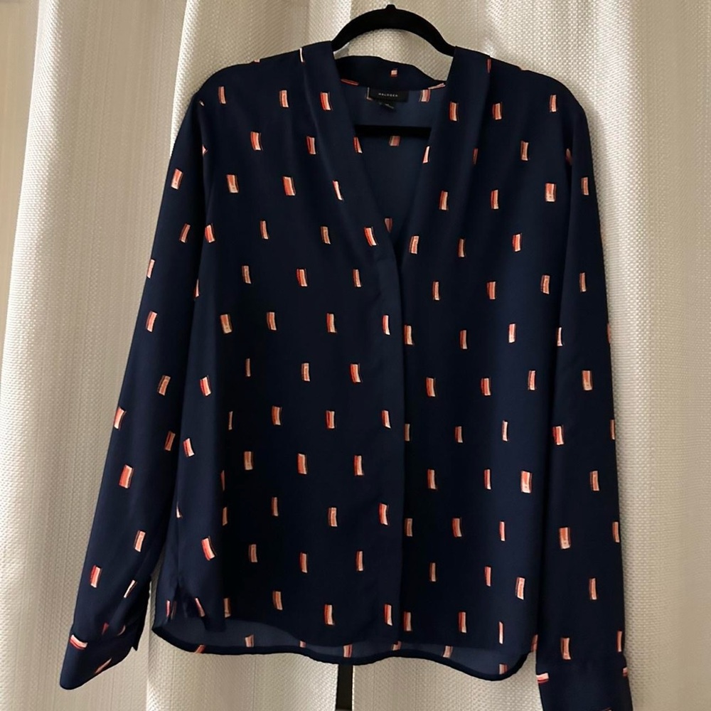 Halogen Navy Blouse with Coral Rectangular Print